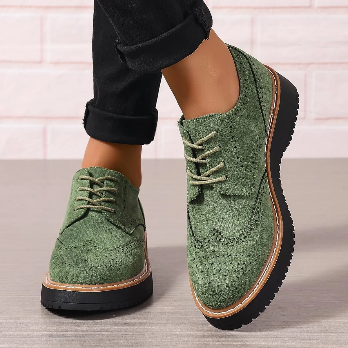Women's Classic Oxfords Chunky Platform Lace-Up Round Toe Penny Oxfords Shoes Non-Slip Comfort Work Loafers