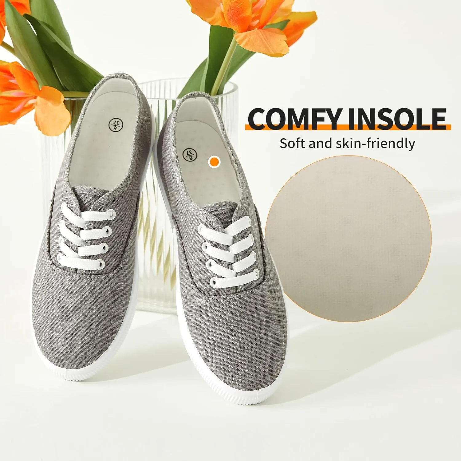 Womens Classic White Sneakers,Low Top White Canvas Shoes,Lightweight Casual Canvas Sneakers
