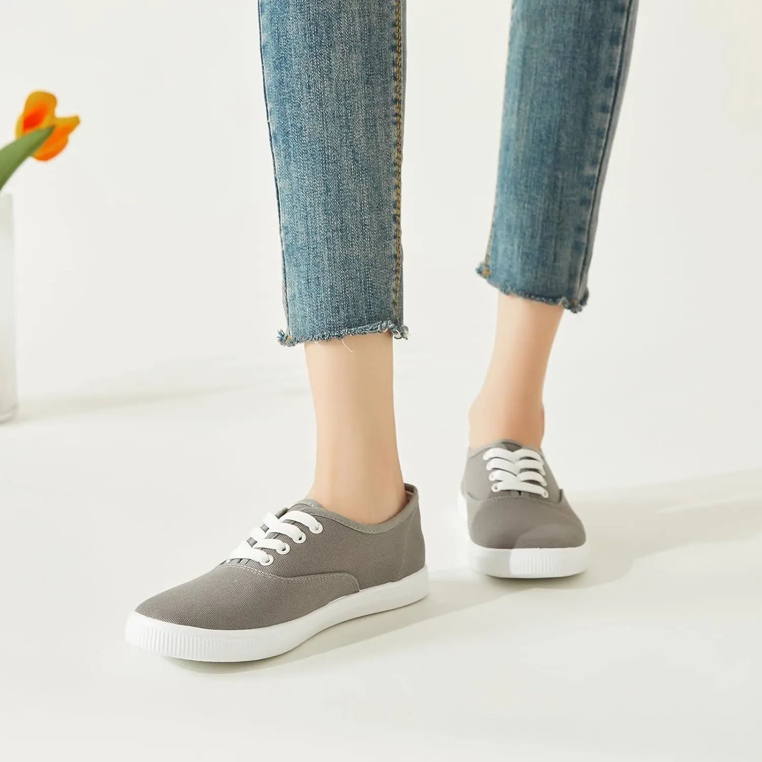 Womens Classic White Sneakers,Low Top White Canvas Shoes,Lightweight Casual Canvas Sneakers