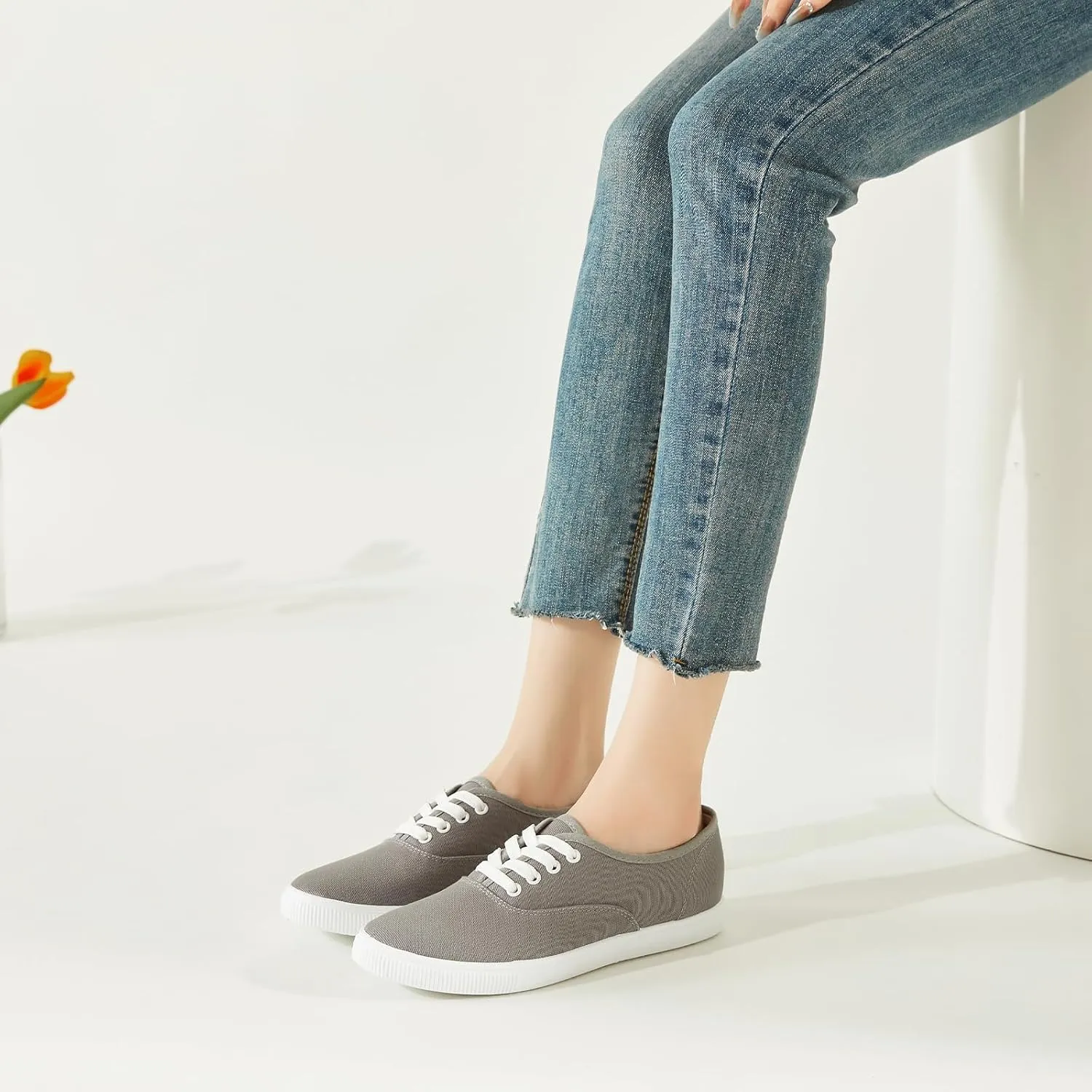 Womens Classic White Sneakers,Low Top White Canvas Shoes,Lightweight Casual Canvas Sneakers
