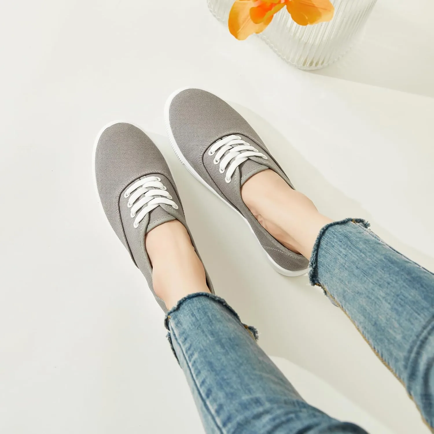 Womens Classic White Sneakers,Low Top White Canvas Shoes,Lightweight Casual Canvas Sneakers