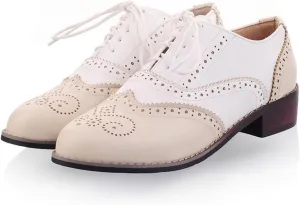 Women's Color Block Brogue Oxford Shoes Classic Business Lace Up Low Top Wingtip Derby Shoes Comfortable Non Slip Oxford Dress Shoes