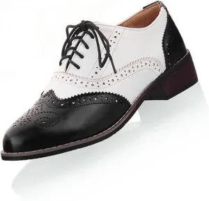 Women's Color Block Brogue Oxford Shoes Classic Business Lace Up Low Top Wingtip Derby Shoes Comfortable Non Slip Oxford Dress Shoes