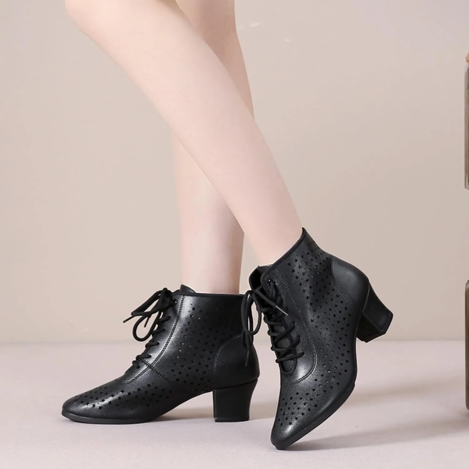 Women's Dance Shoes Leather Breathable Rubber Sole Non-Slip Ballroom Dance Pratice Shoes Training Performance Party Dance Shoes (Color : Black-5CM/1.96In, Size : 6.5)