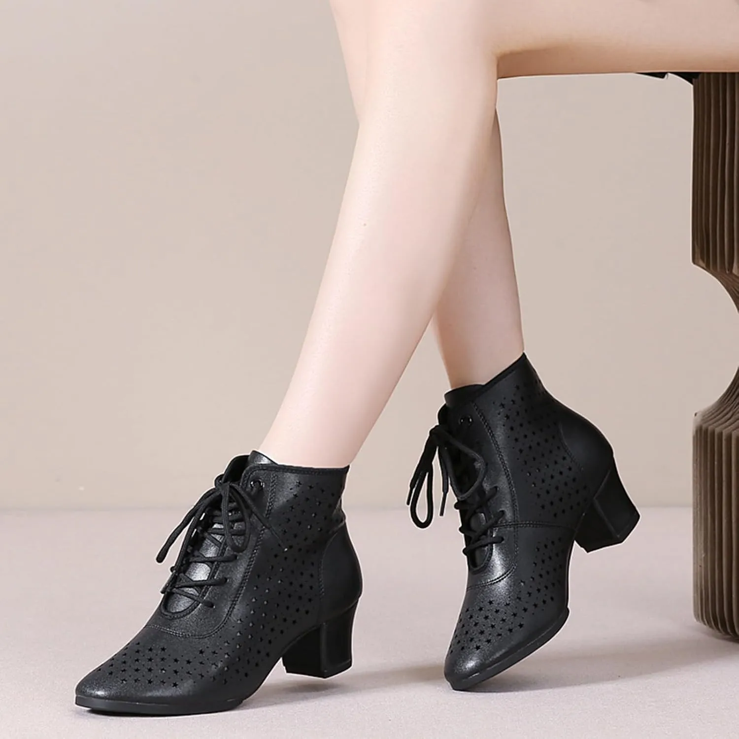 Women's Dance Shoes Leather Breathable Rubber Sole Non-Slip Ballroom Dance Pratice Shoes Training Performance Party Dance Shoes (Color : Black-5CM/1.96In, Size : 6.5)