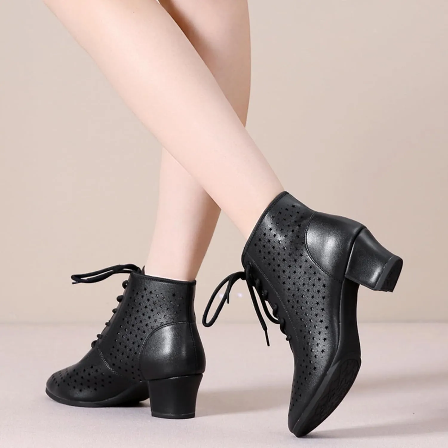 Women's Dance Shoes Leather Breathable Rubber Sole Non-Slip Ballroom Dance Pratice Shoes Training Performance Party Dance Shoes (Color : Black-5CM/1.96In, Size : 6.5)