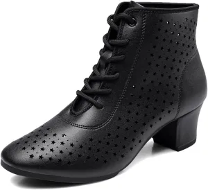 Women's Dance Shoes Leather Breathable Rubber Sole Non-Slip Ballroom Dance Pratice Shoes Training Performance Party Dance Shoes (Color : Black-5CM/1.96In, Size : 6.5)