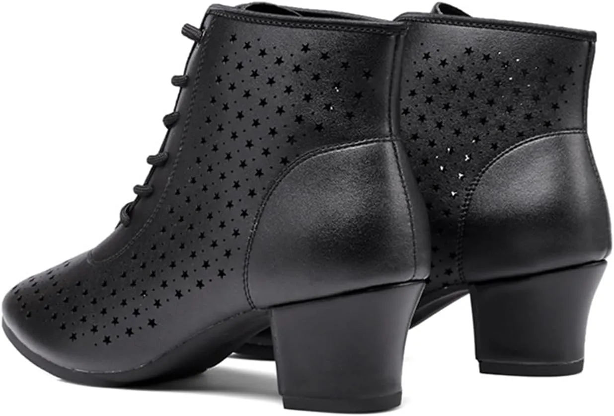 Women's Dance Shoes Leather Breathable Rubber Sole Non-Slip Ballroom Dance Pratice Shoes Training Performance Party Dance Shoes (Color : Black-5CM/1.96In, Size : 6.5)
