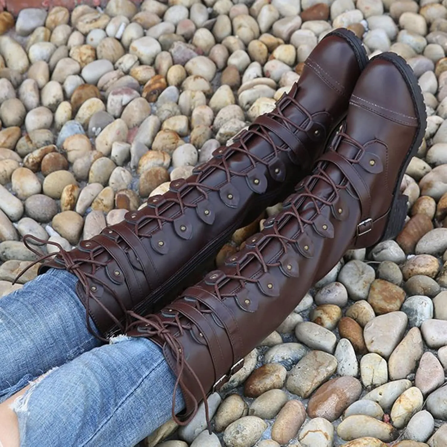 Women's Knee High Combat Boots Combat Chunky Heels Boots Women's Knee High Riding Lace Up Military Combat Boots