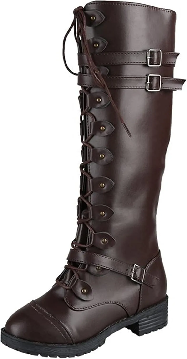 Women's Knee High Combat Boots Combat Chunky Heels Boots Women's Knee High Riding Lace Up Military Combat Boots