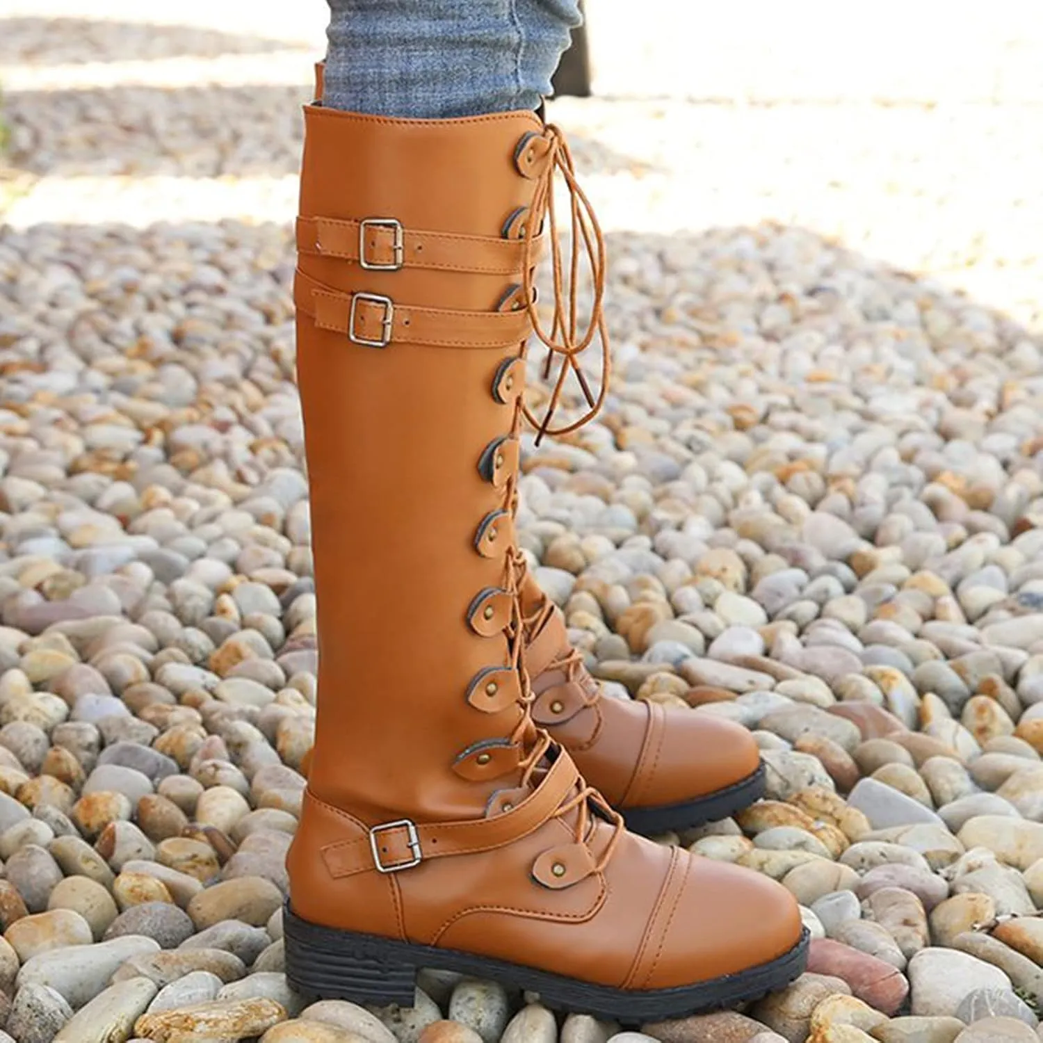 Women's Knee High Combat Boots Combat Chunky Heels Boots Women's Knee High Riding Lace Up Military Combat Boots