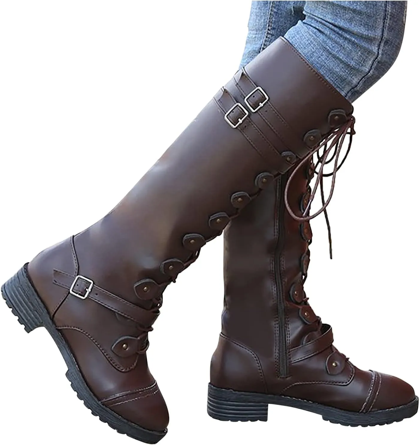 Women's Knee High Combat Boots Combat Chunky Heels Boots Women's Knee High Riding Lace Up Military Combat Boots