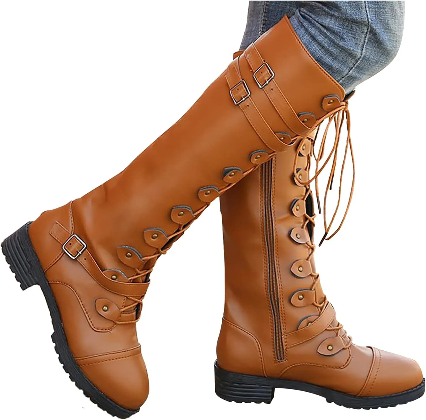 Women's Knee High Combat Boots Combat Chunky Heels Boots Women's Knee High Riding Lace Up Military Combat Boots