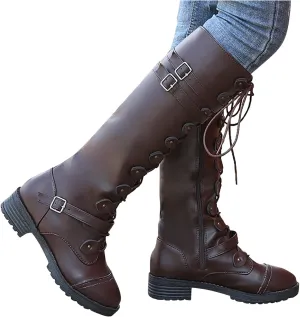 Women's Knee High Combat Boots Combat Chunky Heels Boots Women's Knee High Riding Lace Up Military Combat Boots