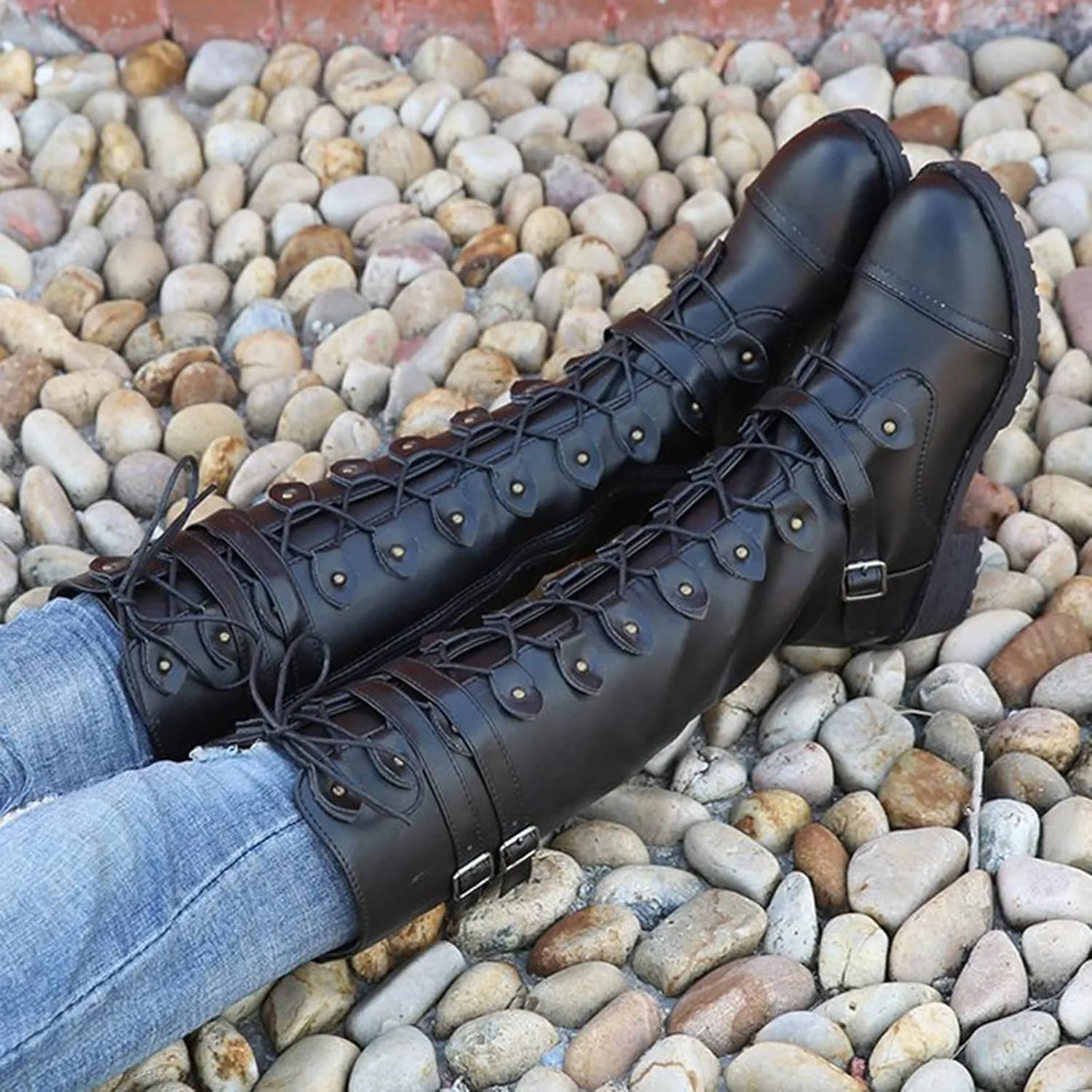 Women's Knee High Combat Boots Combat Chunky Heels Boots Women's Knee High Riding Lace Up Military Combat Boots
