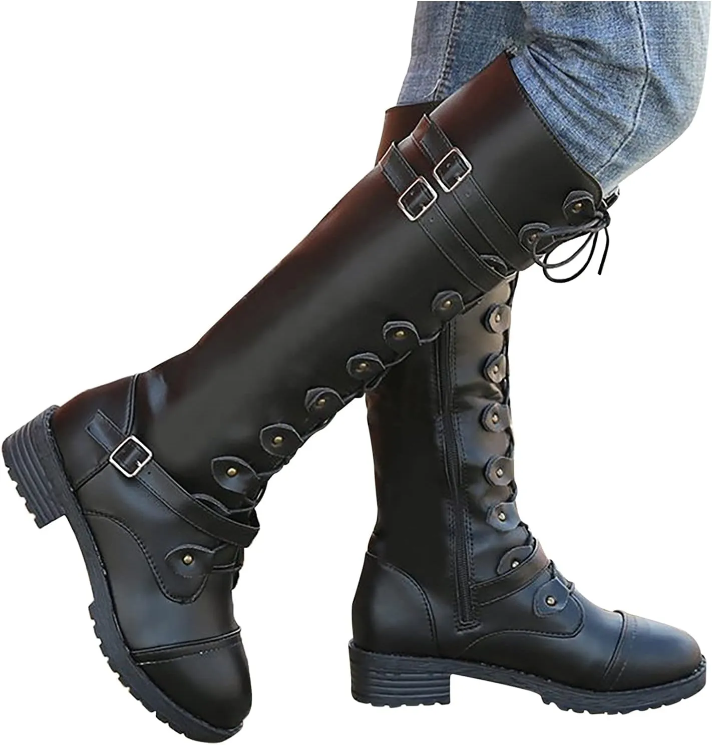 Women's Knee High Combat Boots Combat Chunky Heels Boots Women's Knee High Riding Lace Up Military Combat Boots