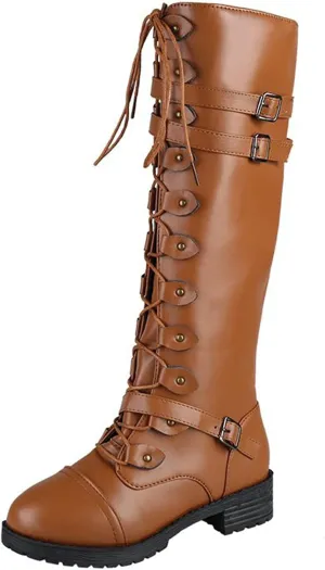 Women's Knee High Combat Boots Combat Chunky Heels Boots Women's Knee High Riding Lace Up Military Combat Boots