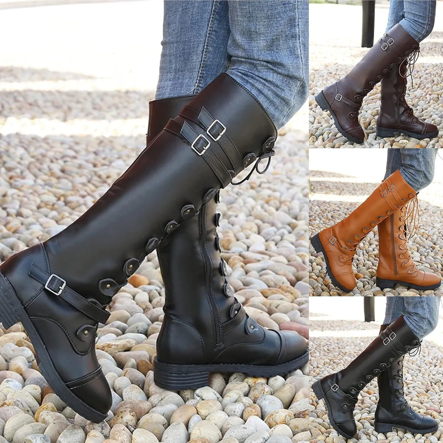 Women's Knee High Combat Boots Combat Chunky Heels Boots Women's Knee High Riding Lace Up Military Combat Boots