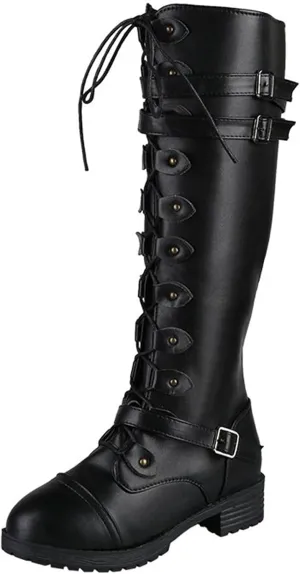 Women's Knee High Combat Boots Combat Chunky Heels Boots Women's Knee High Riding Lace Up Military Combat Boots