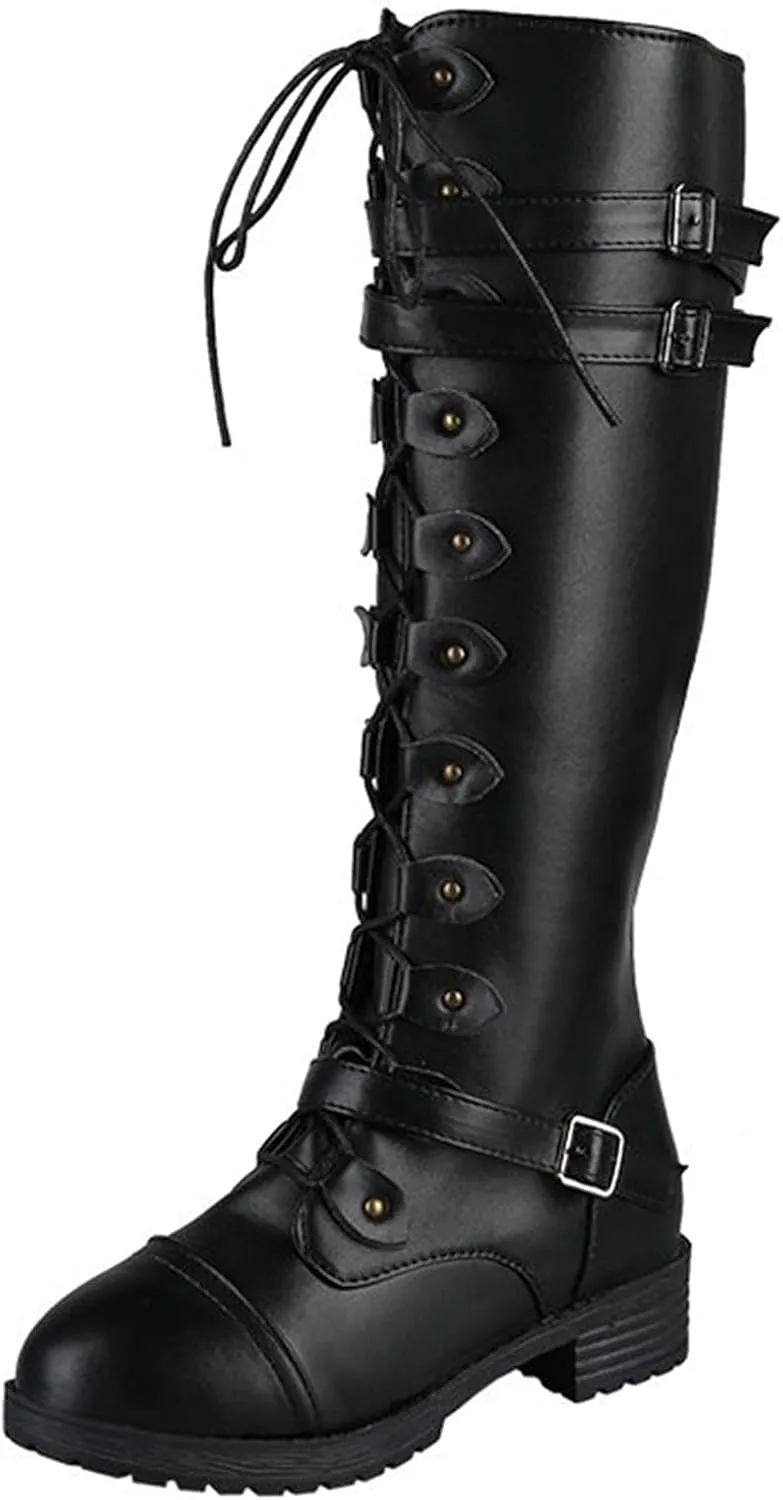 Women's Knee High Combat Boots Combat Chunky Heels Boots Women's Knee High Riding Lace Up Military Combat Boots