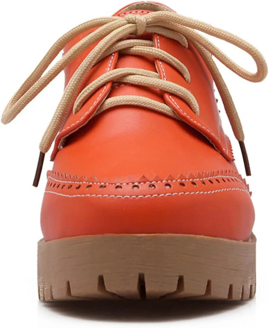 Women's Leather Chunky Block Heel Classic Oxfords Retro Round Toe Chunky Platform Lug Sole Non-Slip Perforated Lace-Up Business Formal Shoes