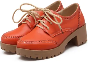 Women's Leather Chunky Block Heel Classic Oxfords Retro Round Toe Chunky Platform Lug Sole Non-Slip Perforated Lace-Up Business Formal Shoes