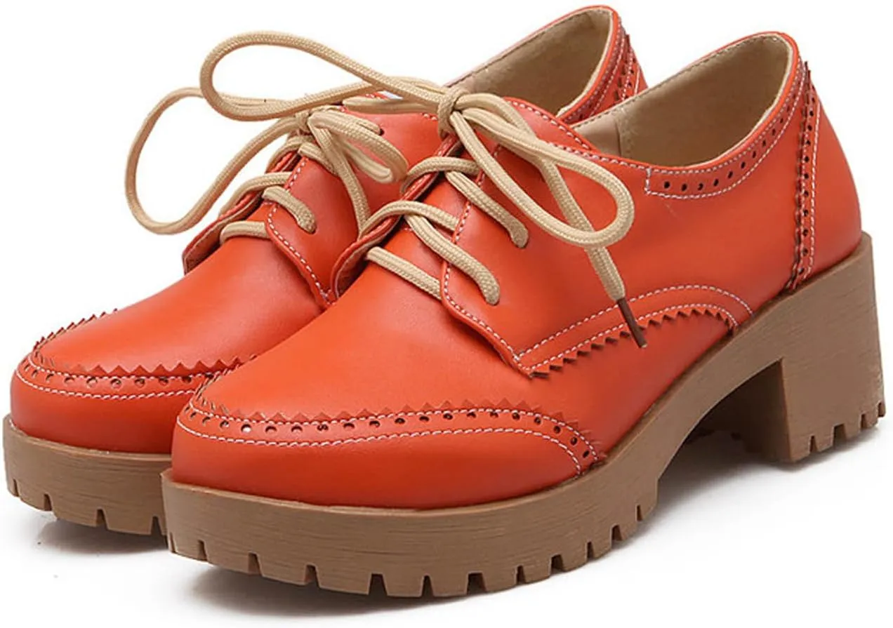 Women's Leather Chunky Block Heel Classic Oxfords Retro Round Toe Chunky Platform Lug Sole Non-Slip Perforated Lace-Up Business Formal Shoes