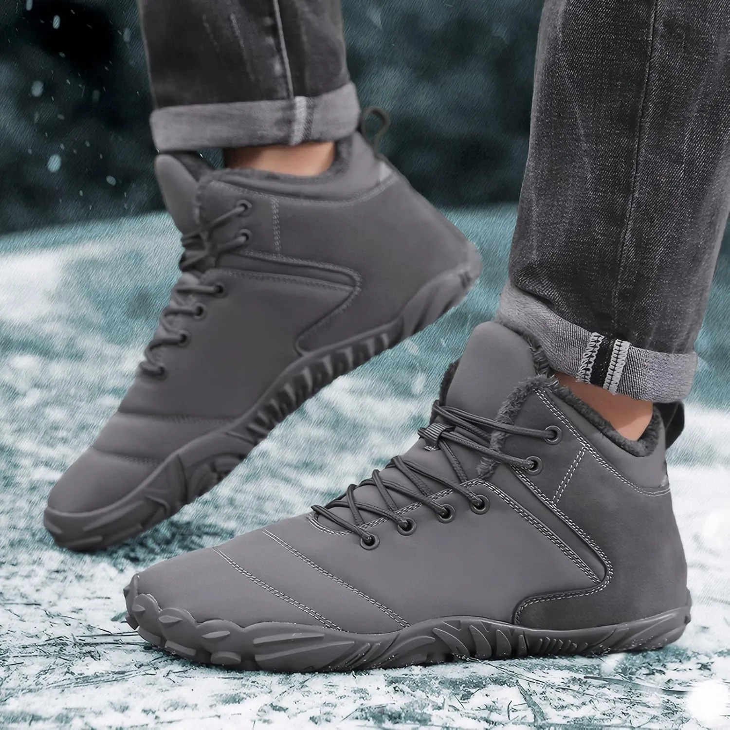 Women's Men's Winter Barefoot Shoes Warm Fur Lined Hiking Footwear Water-Resistant Snow Boots for Outdoor Hiking Cycling Camping