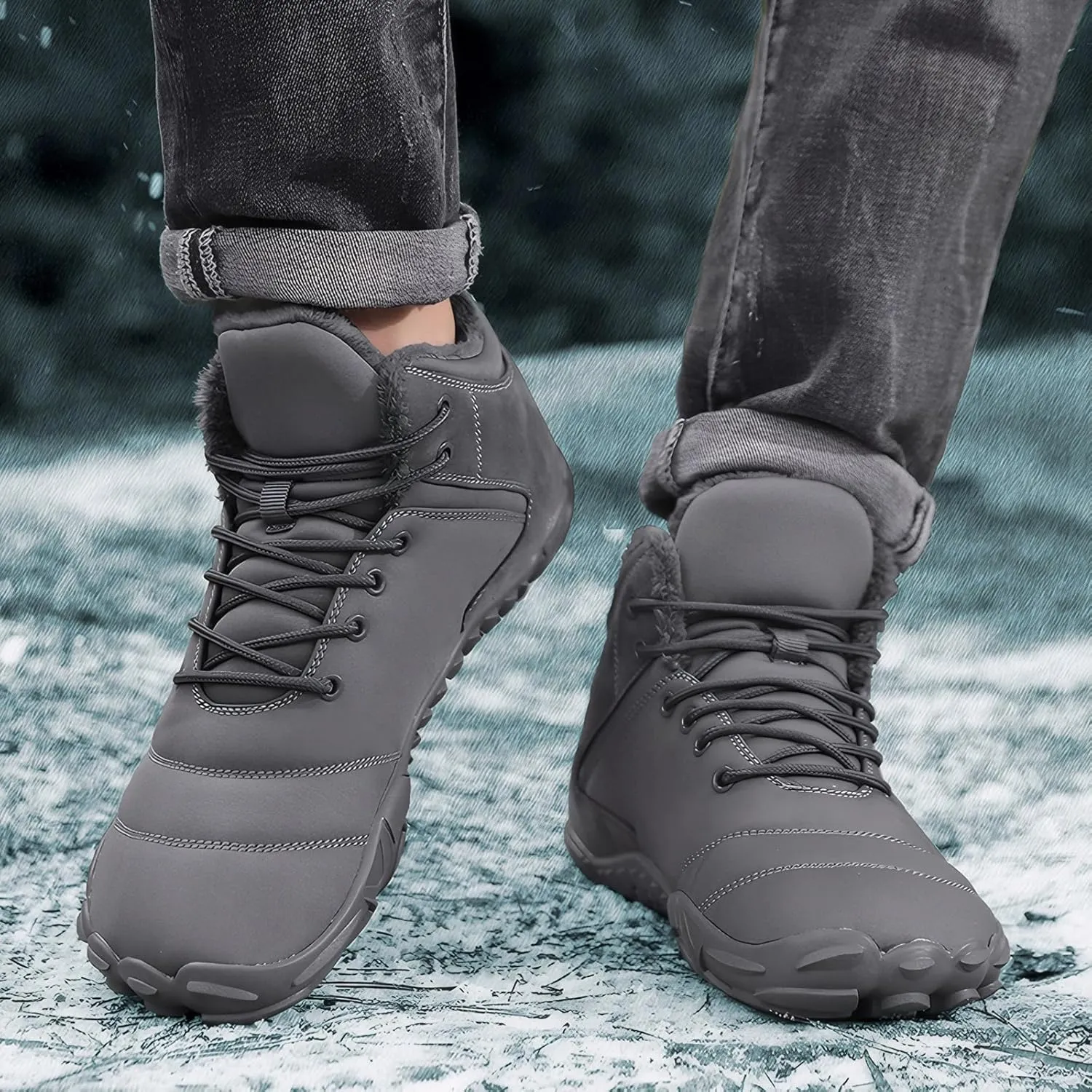 Women's Men's Winter Barefoot Shoes Warm Fur Lined Hiking Footwear Water-Resistant Snow Boots for Outdoor Hiking Cycling Camping
