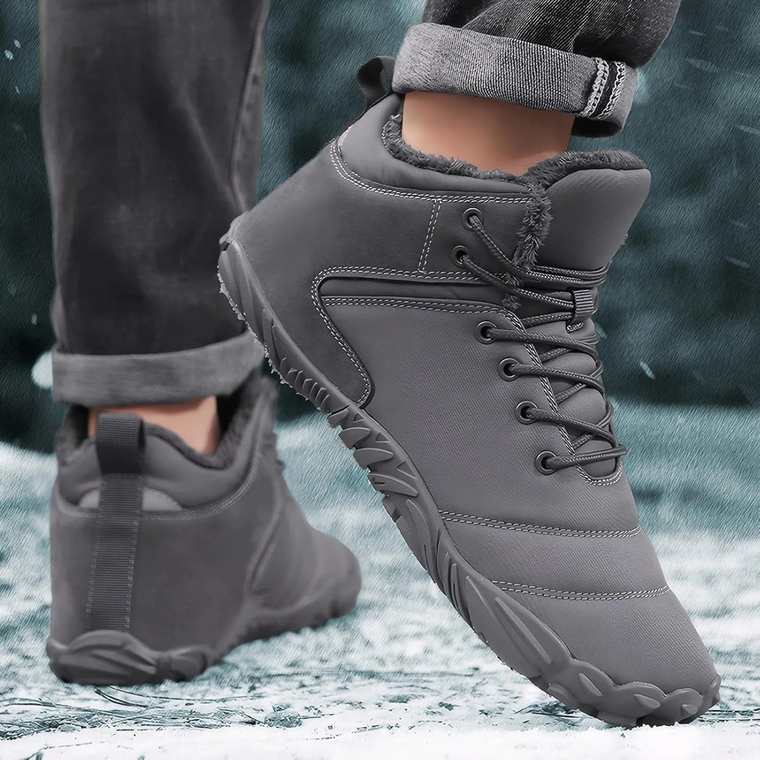Women's Men's Winter Barefoot Shoes Warm Fur Lined Hiking Footwear Water-Resistant Snow Boots for Outdoor Hiking Cycling Camping