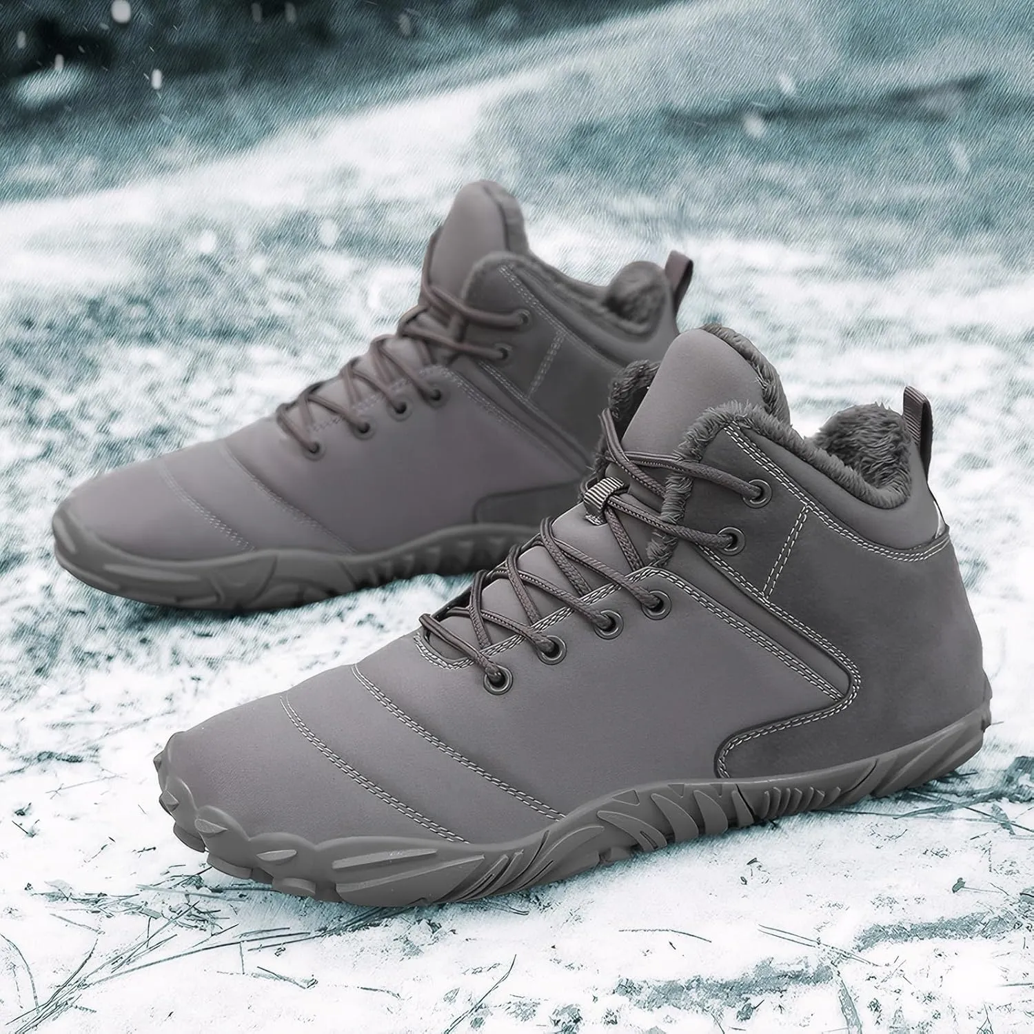 Women's Men's Winter Barefoot Shoes Warm Fur Lined Hiking Footwear Water-Resistant Snow Boots for Outdoor Hiking Cycling Camping