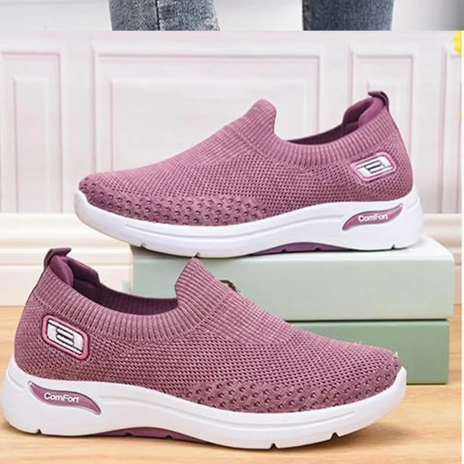 Women's Orthopedic Sneakers Breathable with Arch Support Slip on Mesh Knitted Flying Woven Low Top Work Walking Shoes Lightweight Wide Width Soft Sole Arch Support Non-Slip Casual Shoes