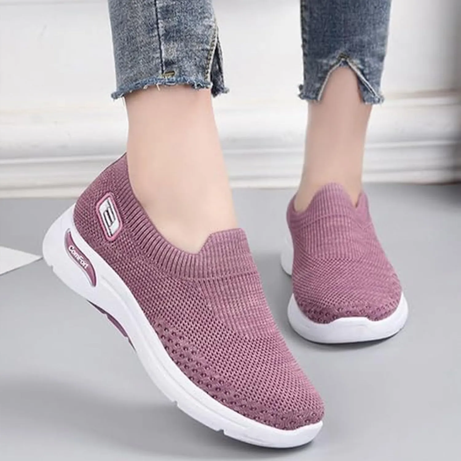 Women's Orthopedic Sneakers Breathable with Arch Support Slip on Mesh Knitted Flying Woven Low Top Work Walking Shoes Lightweight Wide Width Soft Sole Arch Support Non-Slip Casual Shoes