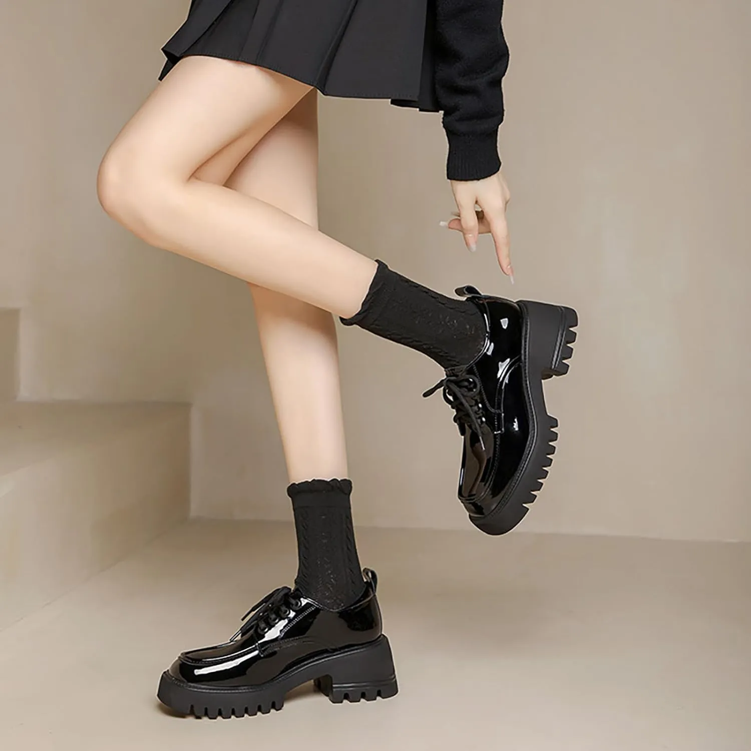 Women's Patent Leather Platform Oxford Shoes Classic Round Toe Lace Up Non-Slip Lug Sole Loafers for Business Office Dress Shoes