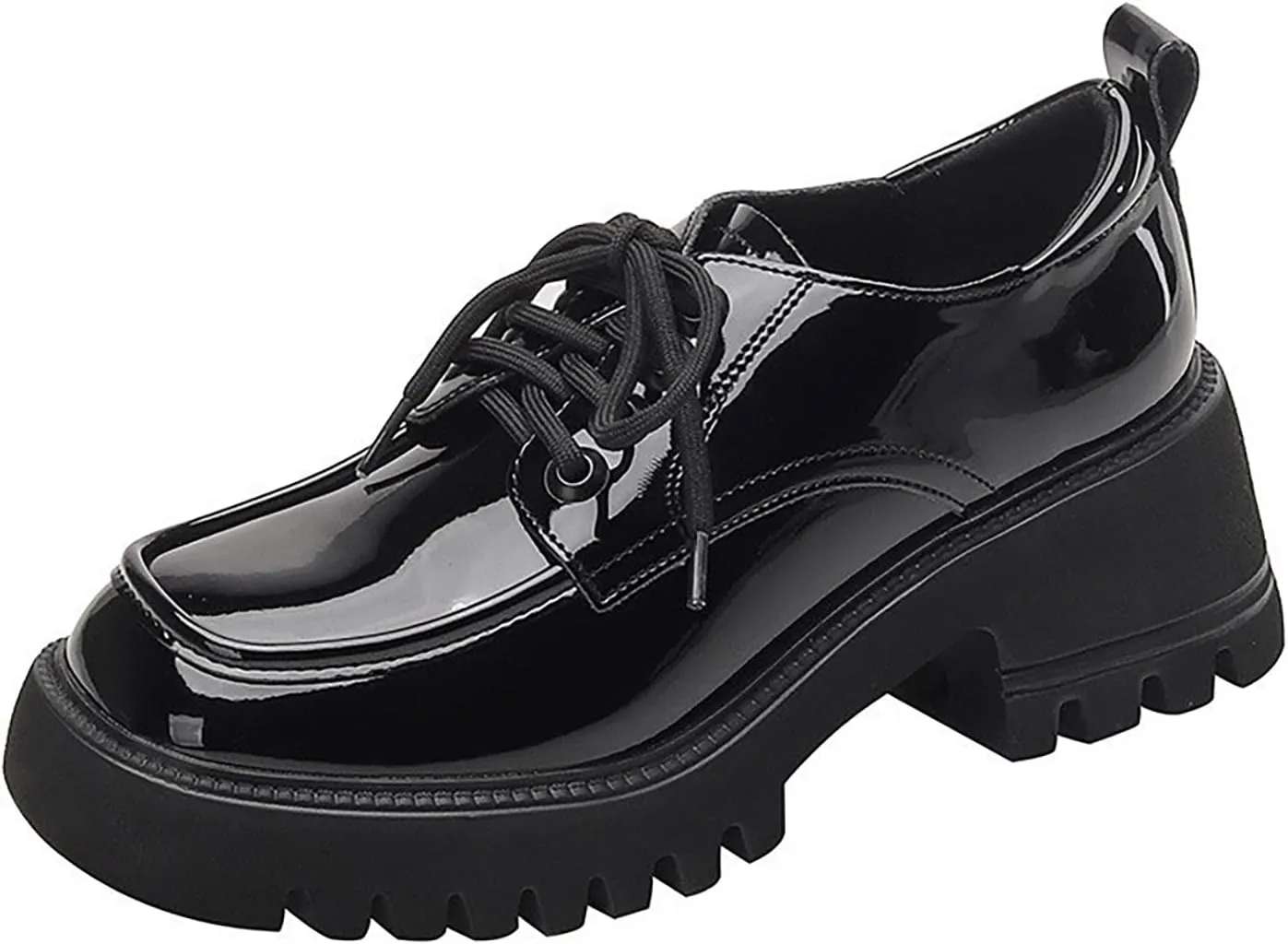 Women's Patent Leather Platform Oxford Shoes Classic Round Toe Lace Up Non-Slip Lug Sole Loafers for Business Office Dress Shoes