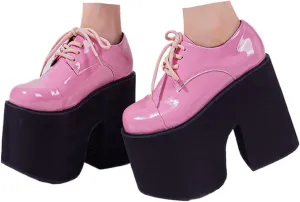 Women's Patent Leather Thick High Heel Gothic Oxford Shoes Sexy Round Toe Chunky Platform Heightened Non-Slip Lace-Up Evening Party Wedding Formal Shoes
