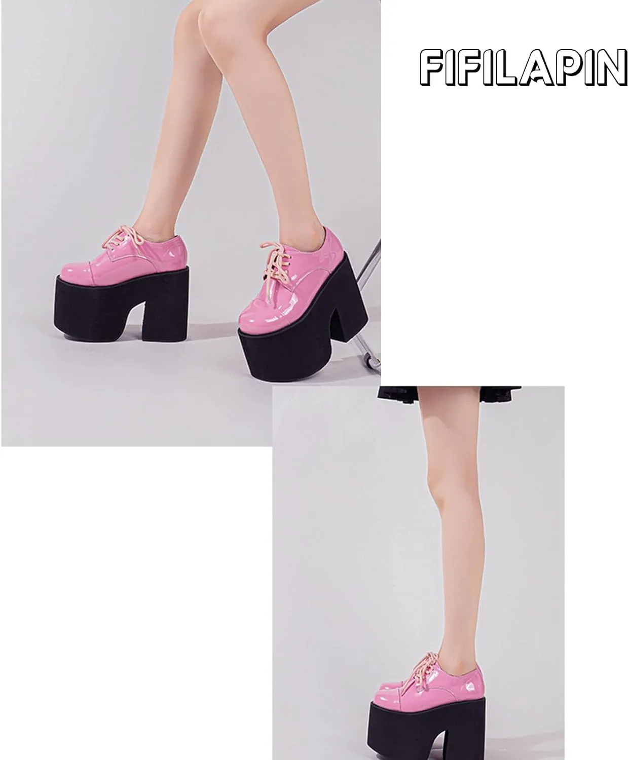 Women's Patent Leather Thick High Heel Gothic Oxford Shoes Sexy Round Toe Chunky Platform Heightened Non-Slip Lace-Up Evening Party Wedding Formal Shoes