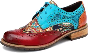 Women's Perforated Lace-up Wingtip Multicolor Leather Flat Oxfords Vintage Fashion Oxford Shoes