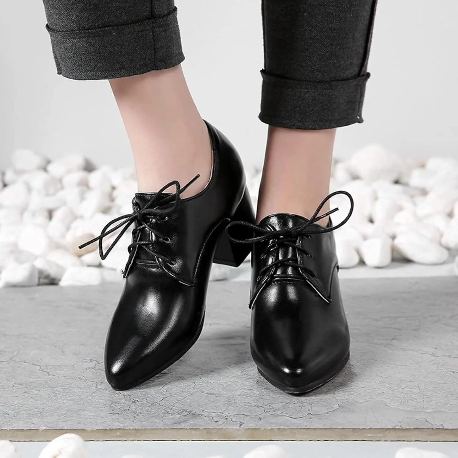 Women's Pointed High-Heeled Lace up Shoes, Block Heel Formal Office Shoes, Comfortable Dress Oxford Shoes