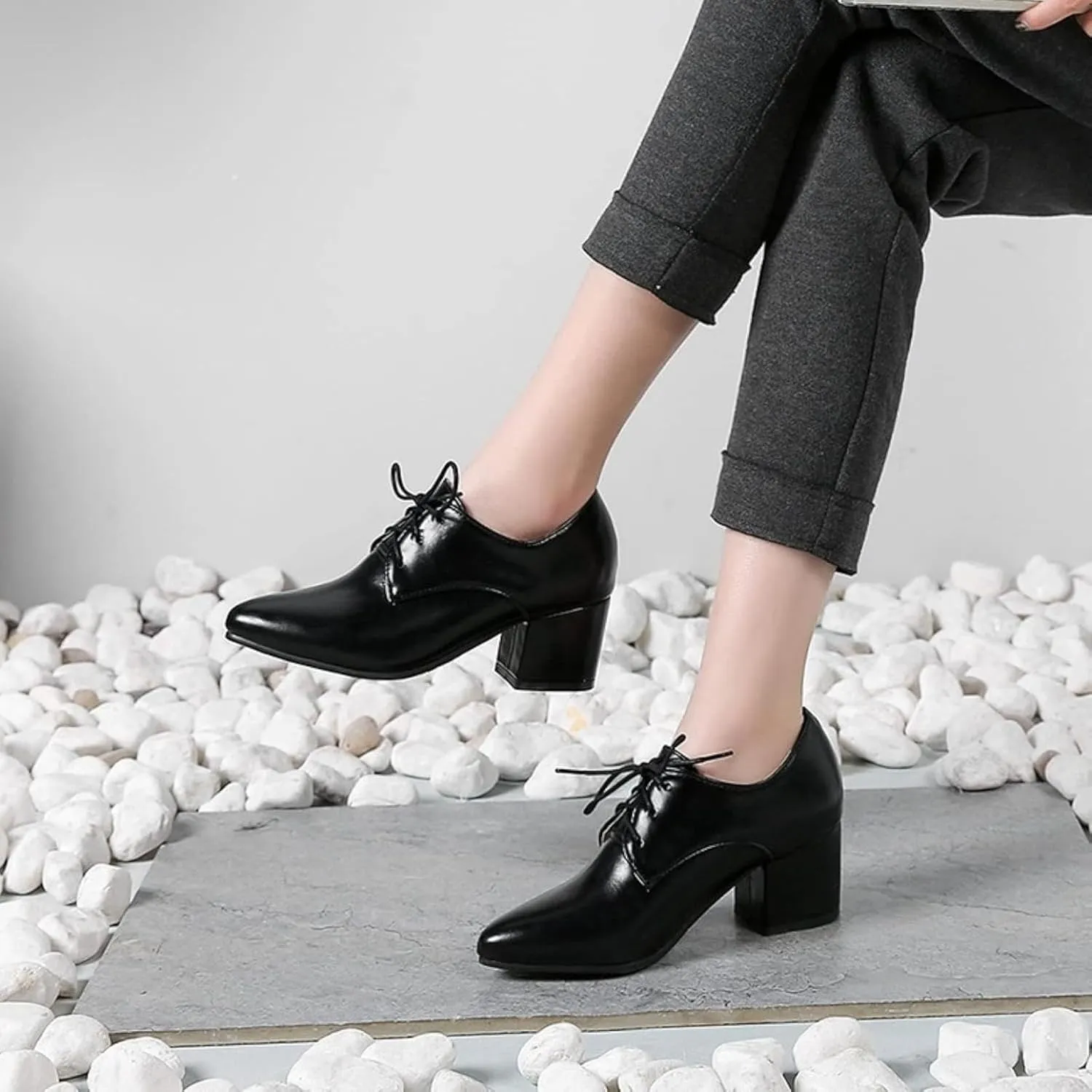 Women's Pointed High-Heeled Lace up Shoes, Block Heel Formal Office Shoes, Comfortable Dress Oxford Shoes