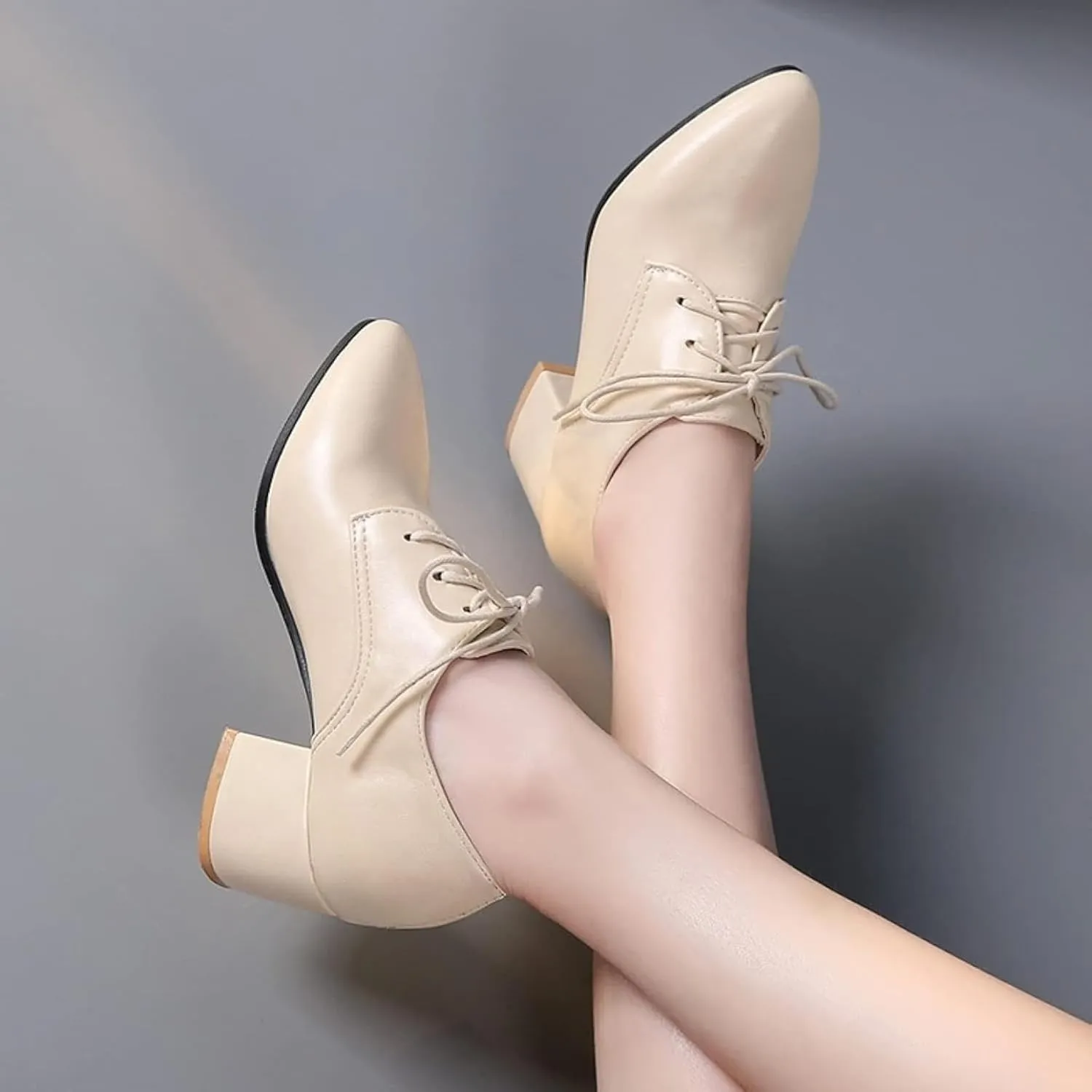 Women's Pointed High-Heeled Lace up Shoes, Block Heel Formal Office Shoes, Comfortable Dress Oxford Shoes