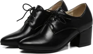 Women's Pointed High-Heeled Lace up Shoes, Block Heel Formal Office Shoes, Comfortable Dress Oxford Shoes