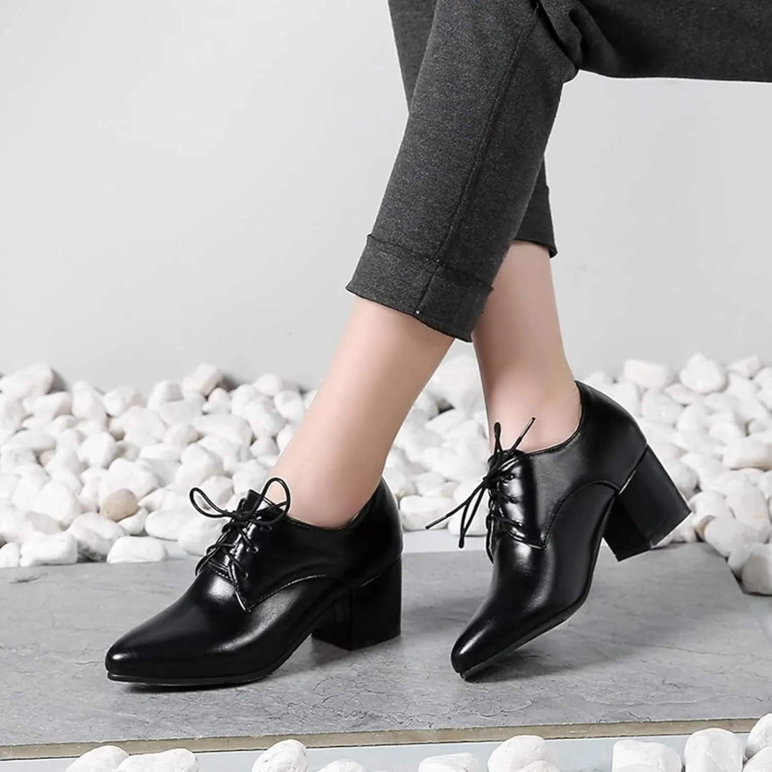 Women's Pointed High-Heeled Lace up Shoes, Block Heel Formal Office Shoes, Comfortable Dress Oxford Shoes