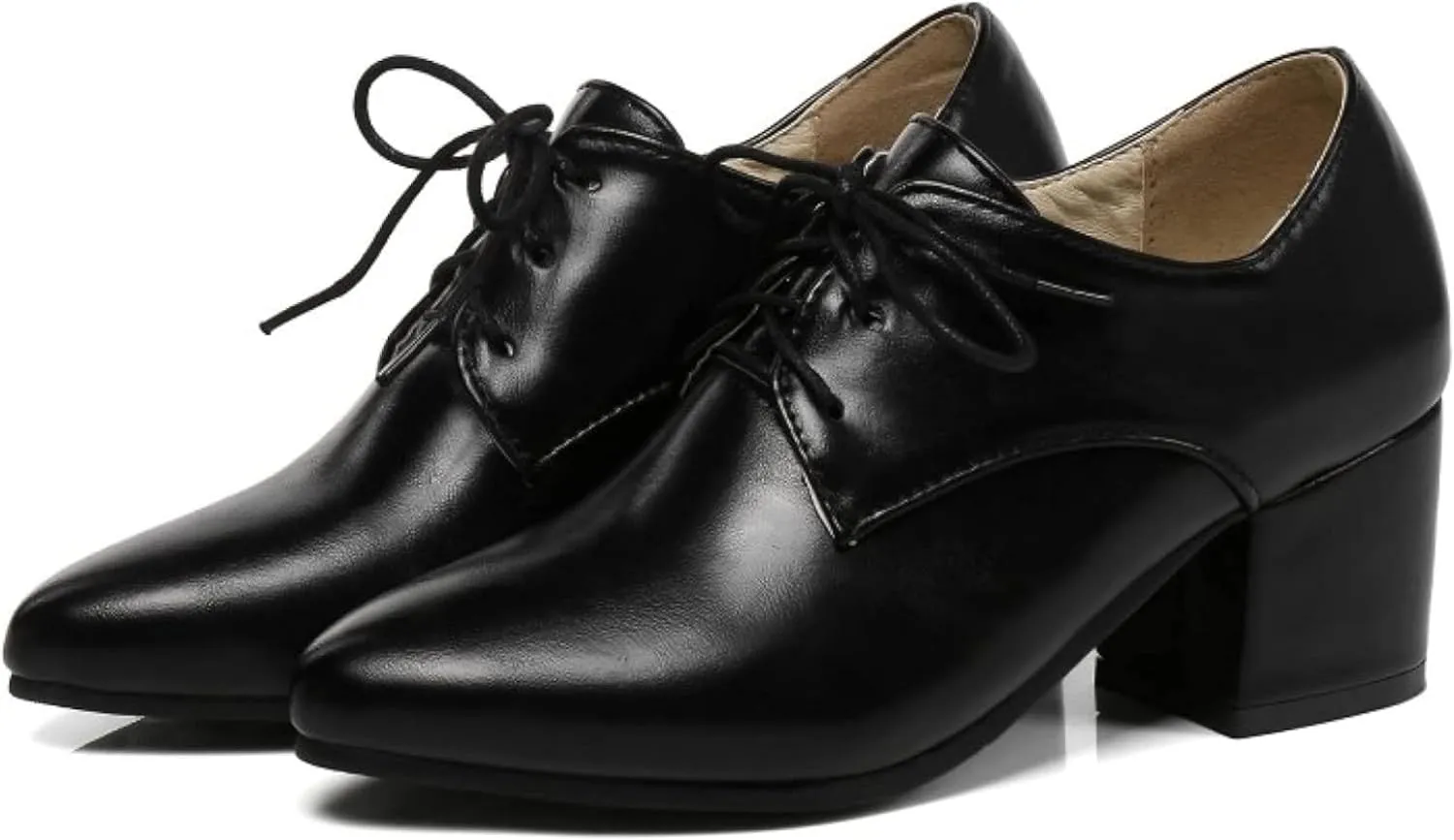 Women's Pointed High-Heeled Lace up Shoes, Block Heel Formal Office Shoes, Comfortable Dress Oxford Shoes