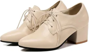 Women's Pointed High-Heeled Lace up Shoes, Block Heel Formal Office Shoes, Comfortable Dress Oxford Shoes