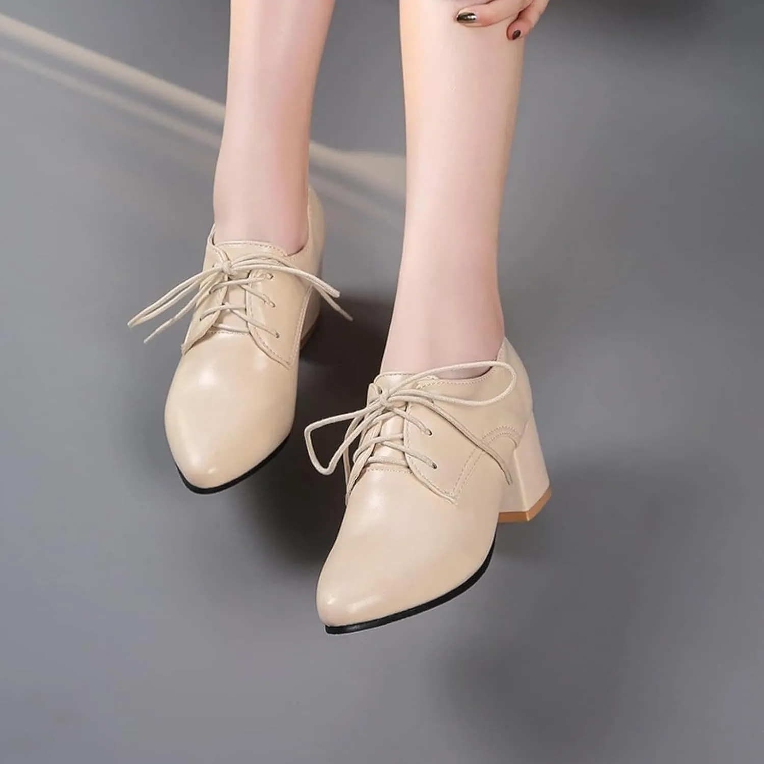 Women's Pointed High-Heeled Lace up Shoes, Block Heel Formal Office Shoes, Comfortable Dress Oxford Shoes