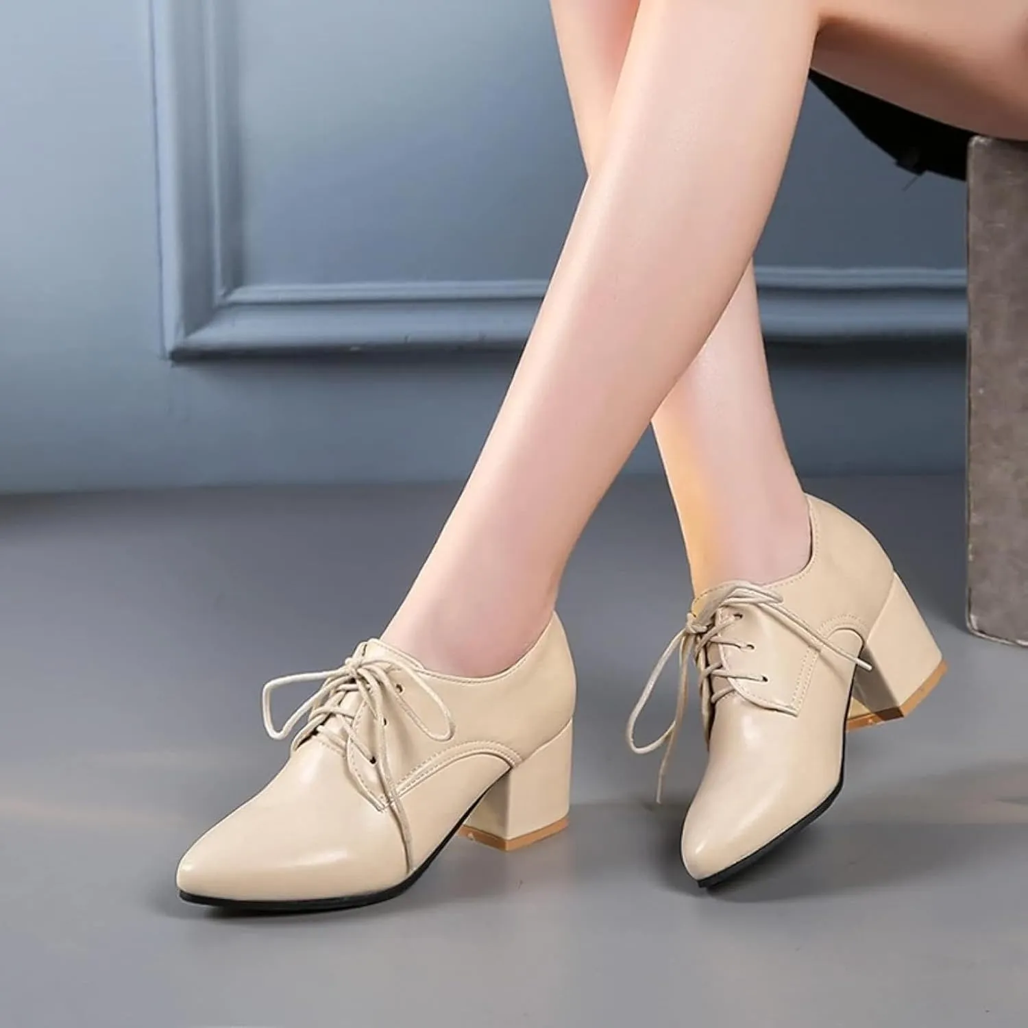Women's Pointed High-Heeled Lace up Shoes, Block Heel Formal Office Shoes, Comfortable Dress Oxford Shoes