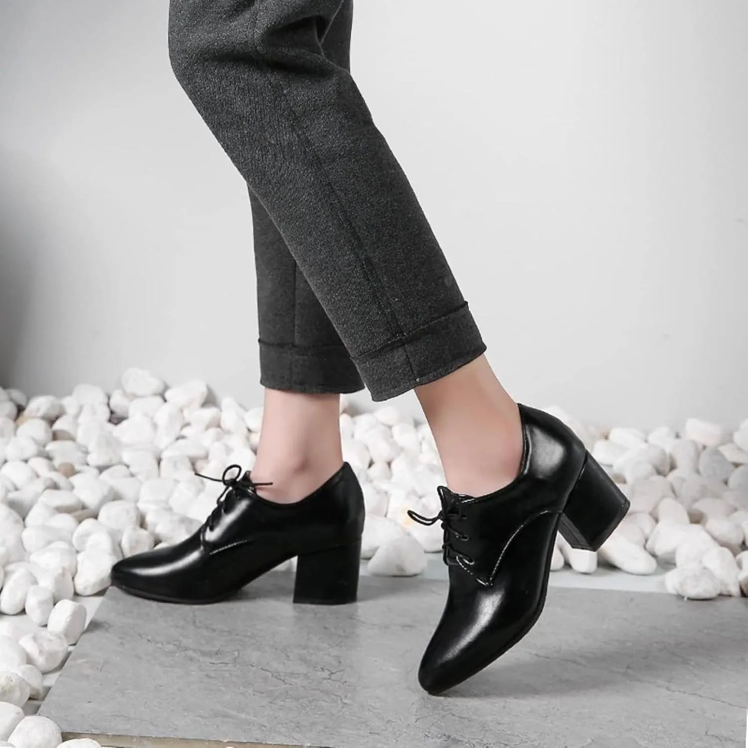 Women's Pointed High-Heeled Lace up Shoes, Block Heel Formal Office Shoes, Comfortable Dress Oxford Shoes