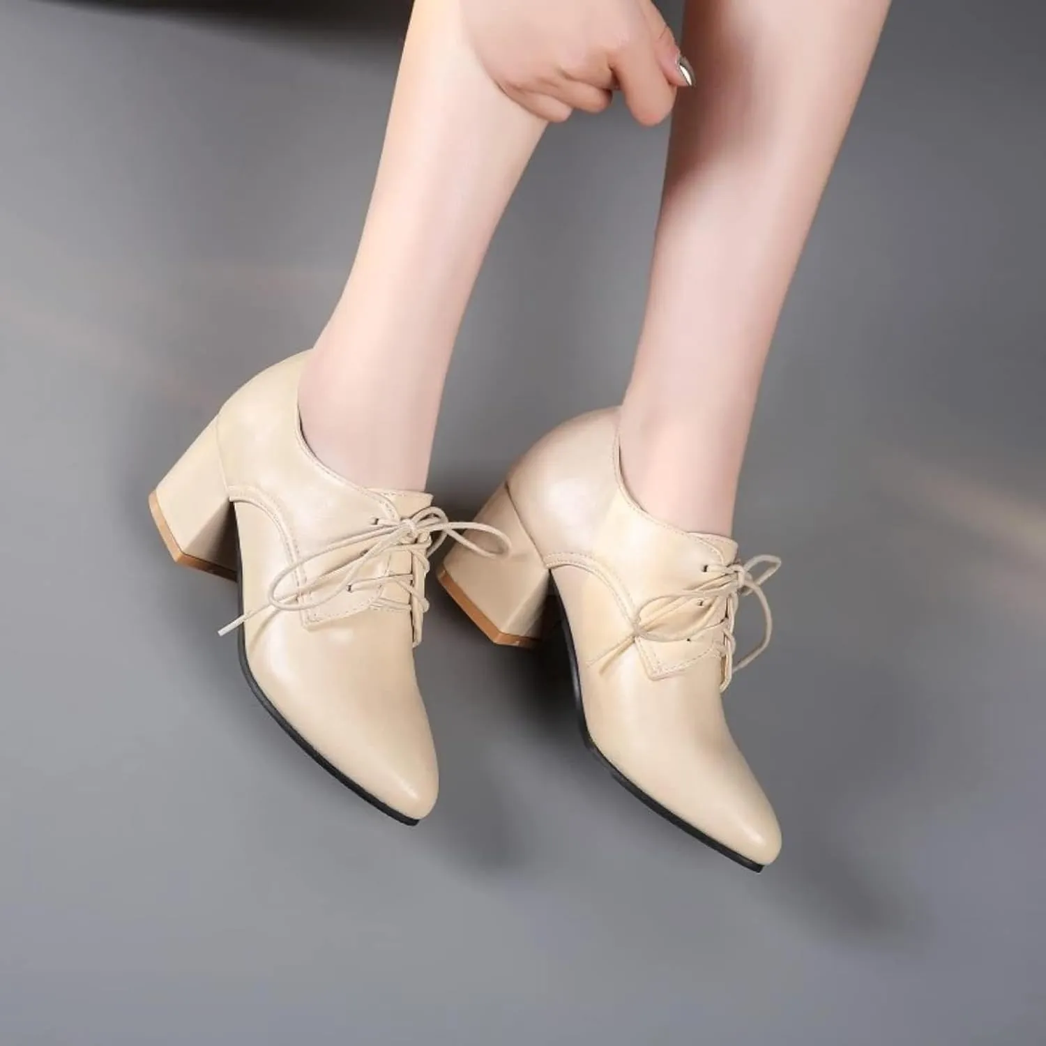 Women's Pointed High-Heeled Lace up Shoes, Block Heel Formal Office Shoes, Comfortable Dress Oxford Shoes