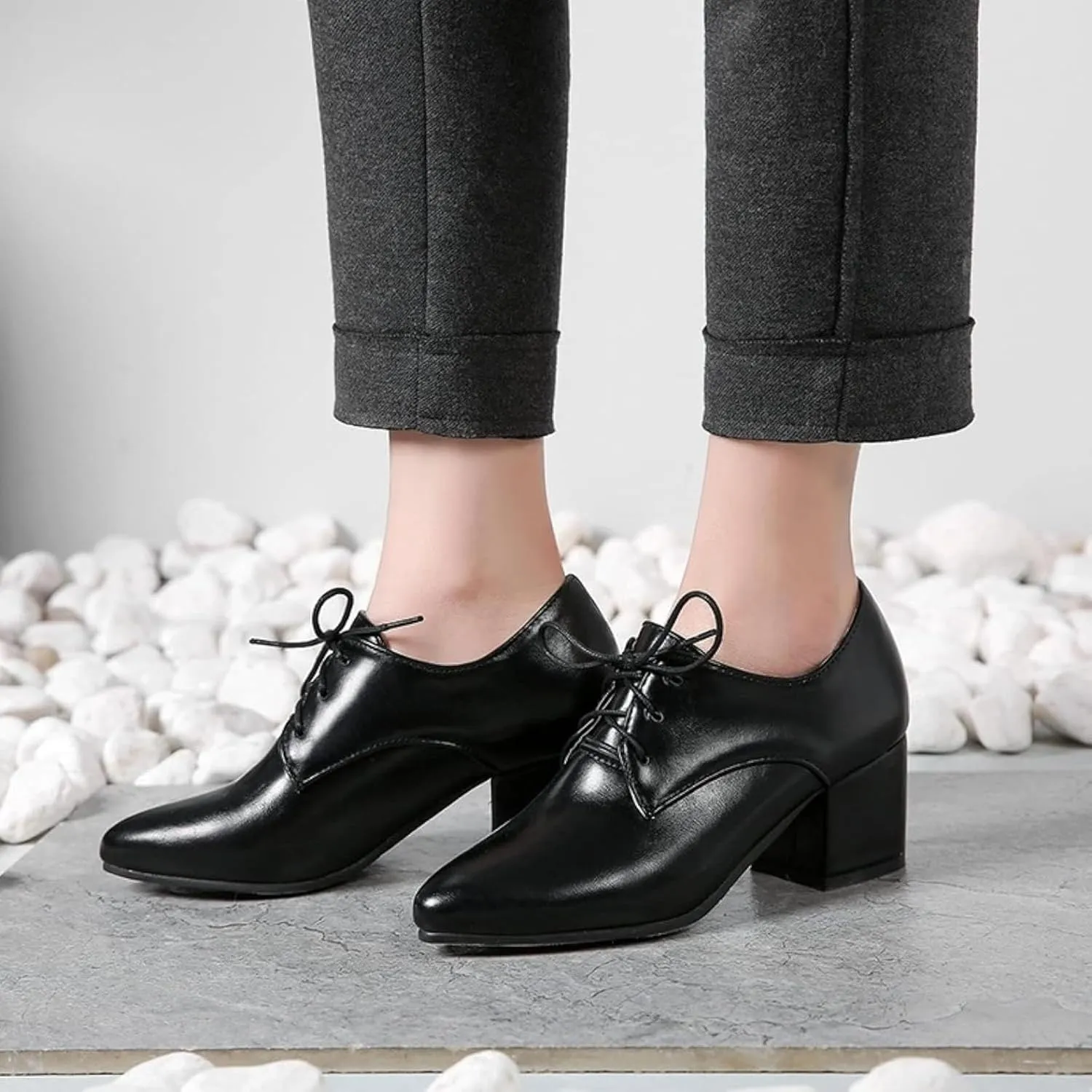 Women's Pointed High-Heeled Lace up Shoes, Block Heel Formal Office Shoes, Comfortable Dress Oxford Shoes